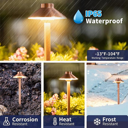 Gardenreet Low Voltage Landscape Lighting Brass, 12v Pathway Lights Waterproof, Hard Wired Path Light Outdoor, Mushroom Copper for Exterior Area Patio House with 3W 270LM 3000K G4 Bulb (6 Pack)