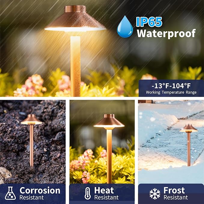 Gardenreet Low Voltage Landscape Lighting Brass, 2700K/3000K/4000K Adjustable 12v Pathway Lights Waterproof, Copper Path Light for Exterior Area Patio House with 3W 270LM G4 Bulb (6 Pack)
