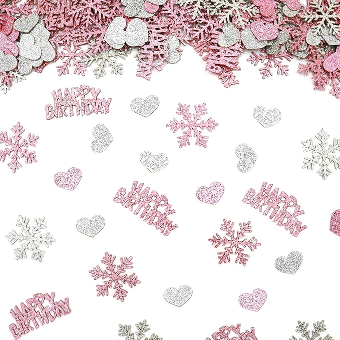 Pink Silver Snowflake Happy Birthday Confetti for Table – 200PC Glitter Snowflakes Table Confetti for Girl Winter Wonderland Birthday Party Decorations