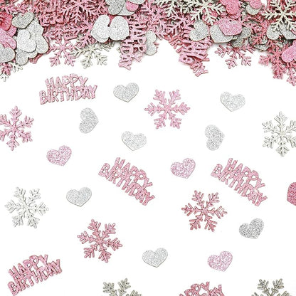 Pink Silver Snowflake Happy Birthday Confetti for Table – 200PC Glitter Snowflakes Table Confetti for Girl Winter Wonderland Birthday Party Decorations