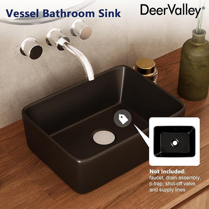 DeerValley 16x12 Inch Black Rectangular Vessel Sink, Above Counter Porcelain Ceramic Top Mount Sink, Countertop Vanity Art Basin for Bathroom, DV-1V0048B