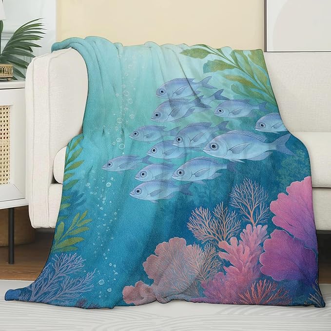 Ocean Fish Blanket,Colorful Coral Reef Blankts,Gifts for Sea Lovers Teens Kids,Beach House Bedroom Cabin Picnic Travel Coastal Decor,Nautical Soft Cozy Lightweight Flannel Throw,50"x60"