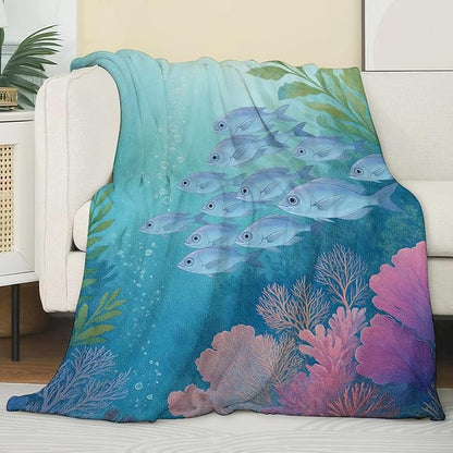 Ocean Fish Blanket,Colorful Coral Reef Blankts,Gifts for Sea Lovers Teens Kids,Beach House Bedroom Cabin Picnic Travel Coastal Decor,Nautical Soft Cozy Lightweight Flannel Throw,50"x60"