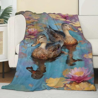 Vintage Duck Floral Blanket,Watercolor Lotus Flower Pond Blankts,Gifts for Women Girls and Nature Lovers, Home Dorm Cabin Picnic and Travel Decor, Soft Cozy Lightweight Flannel Throw,50"x60"