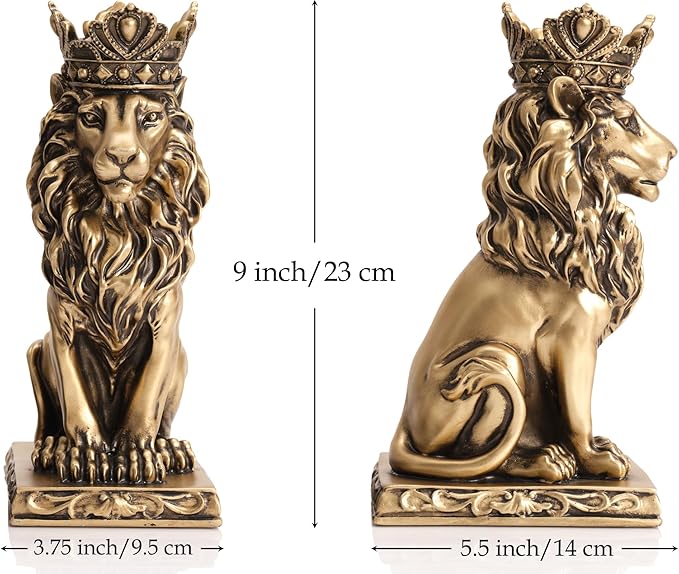 Lion Statue Decor 9 inch Resin, Antique Gold Decor Accent Crown Lion Statue Man Home Office Desk Table Shelf Decoration, Men Father Leo Gift