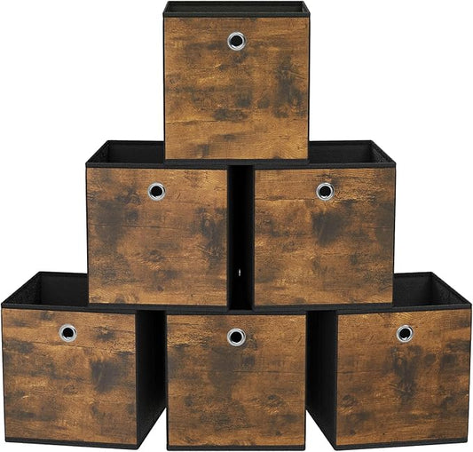 SONGMICS Storage Cubes, Set of 6 Storage Bins with Handles, Foldable Oxford Fabric and Non-Woven Fabric Storage Boxes, 13x13x13 Inches, Fit Cube Storage Unit, Rustic Brown URFB133B01