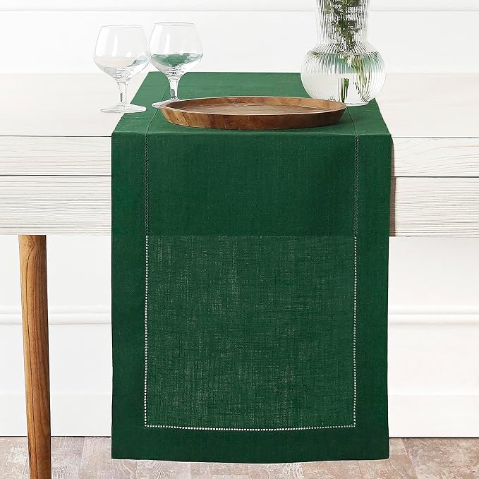 D'Moksha Homes Linen Forest Green Table Runner 90 Inches Long - Classic Hemstitch 100% Pure Linen Dining Table Runner 14 x 90 Inch for Winter, Christmas, Holiday