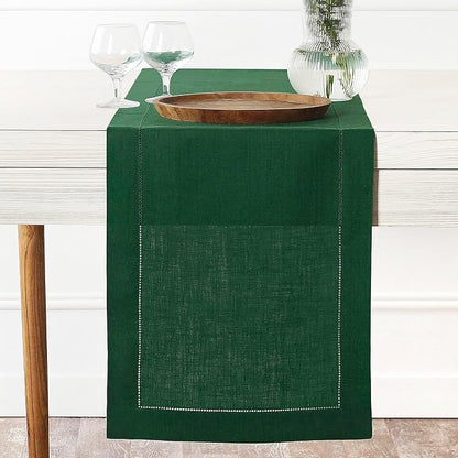 D'Moksha Homes Linen Forest Green Table Runner 90 Inches Long - Classic Hemstitch 100% Pure Linen Dining Table Runner 14 x 90 Inch for Winter, Christmas, Holiday