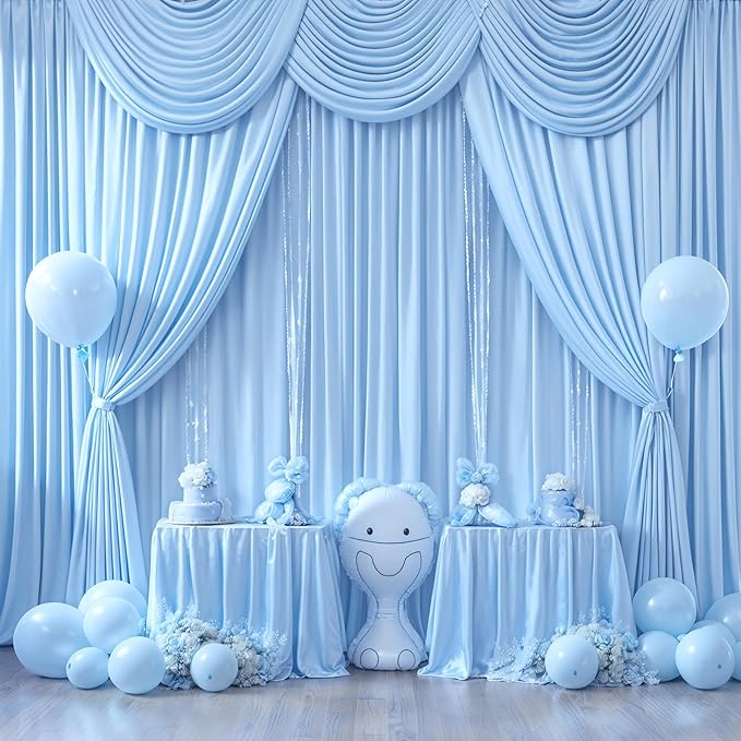 10 Panels Baby Blue Backdrop Curtain for Baby Shower Parties Wrinkle Free Light Blue Curtains Backdrop Drapes Fabric Decoration for Birthday Party Photography 50ft x 10ft