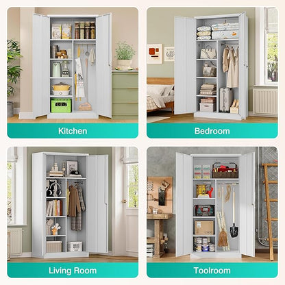 Wide & Deep Metal Storage Cabinet with Hanging Rod,White Broom Closet Storage Cabinet with Lock,72" Tall Wardrobe Cabinets with Doors and Shelves,Locking Steel Tool Cabinets for Home,Office,Garage