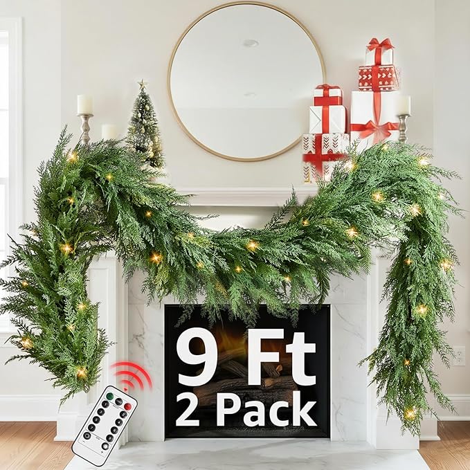Christmas Cedar Garland Realistic with Lights - 2 Pack Cypress Decorations 9ft for Mantle Lighted Faux Pine Garlands for Xmas Home Decoration Indoor Stairs Railing Fireplace Outdoor Prelit Door Decor