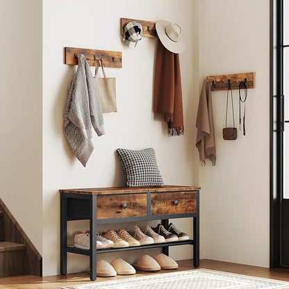 Hall Tree with Bench and Shoe Storage, Entryway Bench with Coat Rack, 4-in-1 Coat Rack Shoe Bench, Multifunctional, for Front Door, Hallway, Foyer, Rustic Brown and Black MT05BR