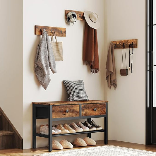 Hall Tree with Bench and Shoe Storage, Entryway Bench with Coat Rack, 4-in-1 Coat Rack Shoe Bench, Multifunctional, for Front Door, Hallway, Foyer, Rustic Brown and Black MT05BR