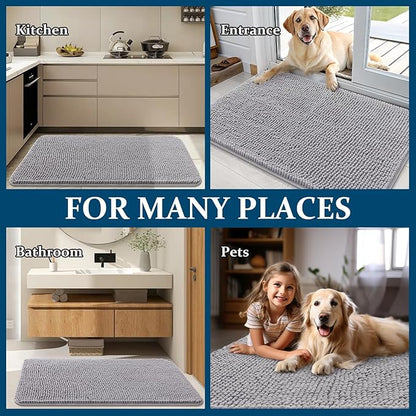 OLANLY Dog Door Mat for Muddy Paws 40x24, Absorbs Moisture and Dirt, Absorbent Non-Slip Washable Doormat, Quick Dry Chenille Mud Mat for Dogs, Entry Indoor Entryway Carpet for Inside Floor, Light Grey