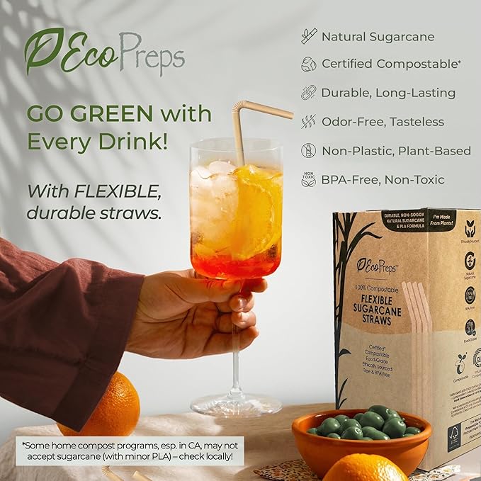 Flexible Biodegradable Sugarcane Straws, 300 Count | 100% Compostable, Plastic-Free, Eco-Friendly Drinking Straws for Cold Drinks | 7.8'' Bendable, Disposable Sugarcane Fiber Straw (300 PCS)