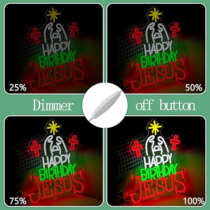 Happy Birthday Jesus Neon Sign for Christmas Decor Cross Neon Light Sign Dimmable USB Led Christian Religious Neon Wall Decor for Church Home Nativity Scene Faith-Based Holiday Gift