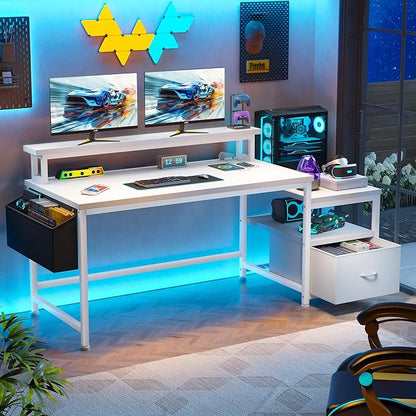 EnHomee 57" Office Desk with Drawers and Printer Space,Computer Desk with Power Outlets,Home Office Desks with File Drawers Cabinet,Study Writing and Gaming Desk with Shelves Monitor Stand,White