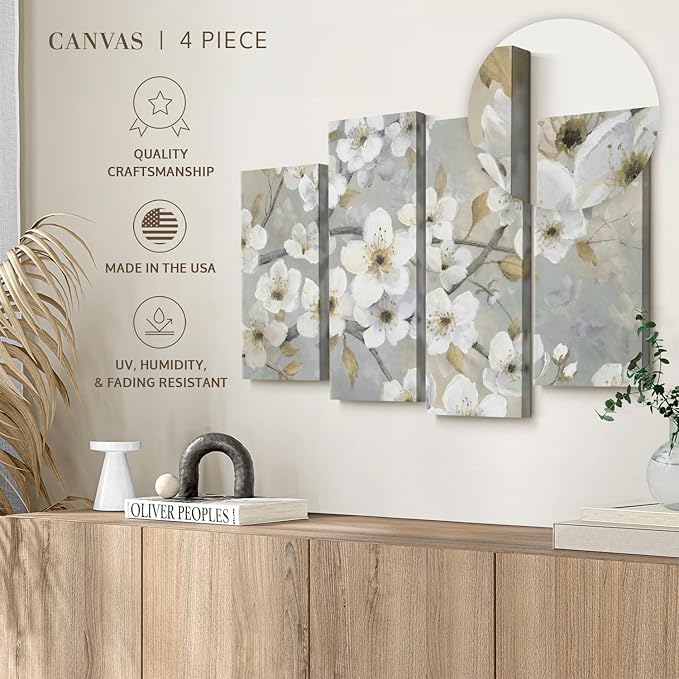 ElephantStock Golden Garden Wall Art - Horizontal Canvas - 4-Piece Living Room Wall Decor - Leaves Painting Canvas Print - Gray and Beige Decor for Wall by Nan - 75" X 48"