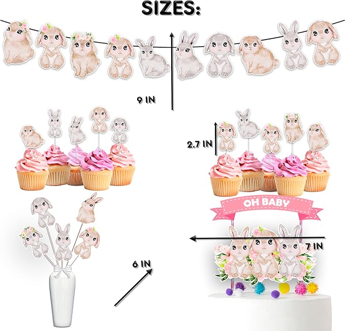 Bunny Party Decorations Set – Oh Baby Rabbit Birthday Supplies with Banner, Cupcake Toppers, Cake Topper & Centerpieces for Baby Shower & Kids