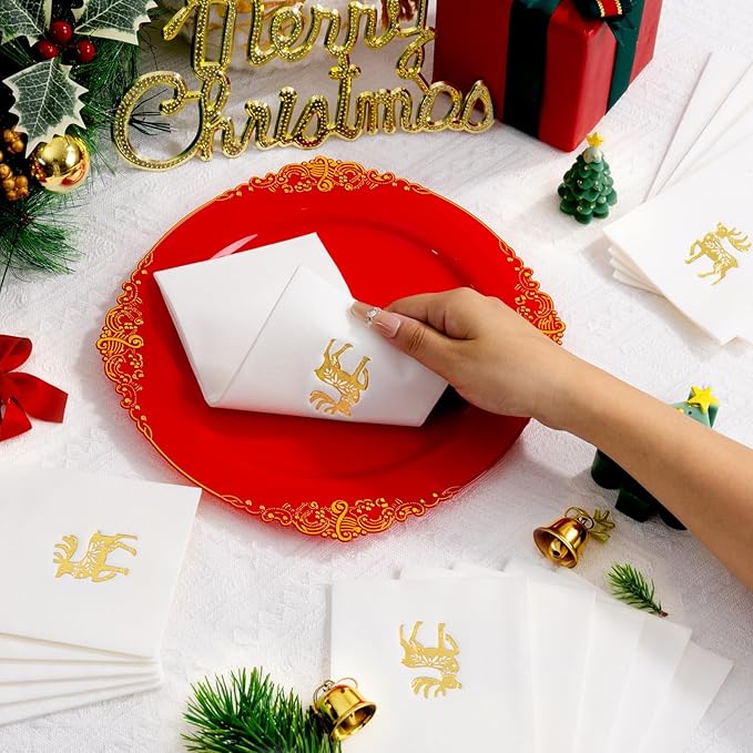 50 Pack Christmas Deer Paper Napkins - Christmas Gold Dinner Napkins - Cloth-like Disposable Hand Towels for Xmas Holiday Table Bathroom Decor Party