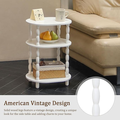 MaxSmeo White Side Table with Charging Station, 3-Tier Small Oval End Table with USB Ports and Outlets, Modern Night Stand Wood Accent Table for Living Room, Bedroom, White