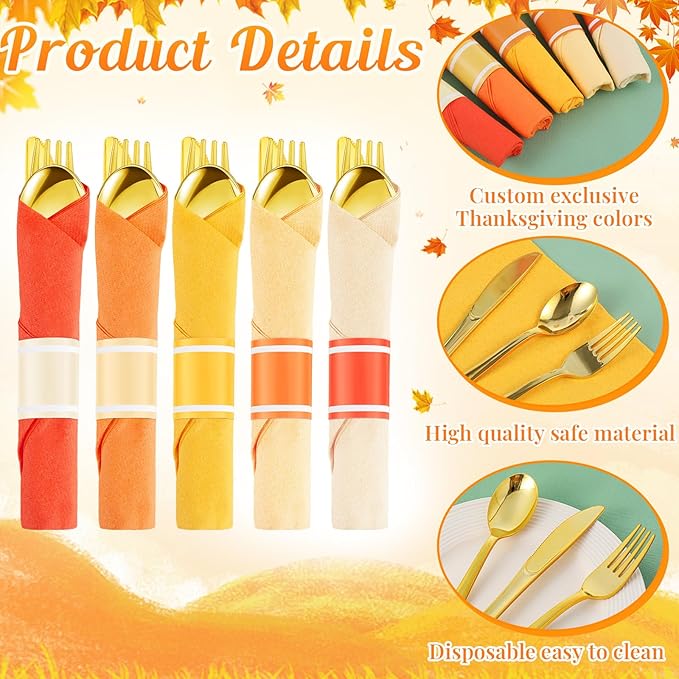 Lasnten 50 Pcs Pre Rolled Fall Thanksgiving Plastic Silverware Set Gold Disposable Plastic Cutlery Set with 50 Pcs Orange Yellow Napkins, 50 Knives, 50 Forks and 50 Spoons for Halloween Fall Parties