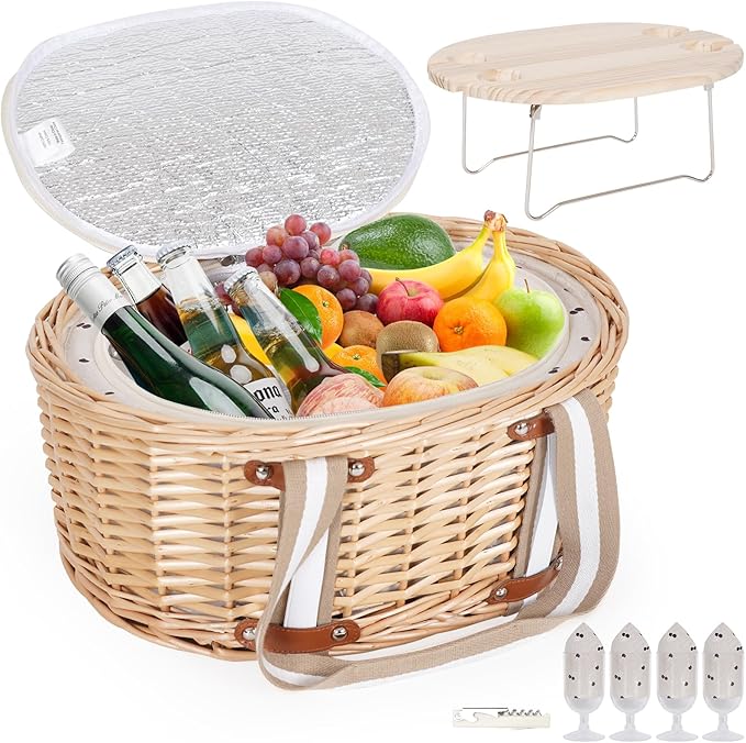 Picnic Basket Set for 4 - Wicker Insulated Picnic Basket with Folding Wine Table, Wine Picnic Kit with Liner for Couples, Camping, Outdoor, Valentine (Cherry)