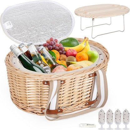Picnic Basket Set for 4 - Wicker Insulated Picnic Basket with Folding Wine Table, Wine Picnic Kit with Liner for Couples, Camping, Outdoor, Valentine (Cherry)