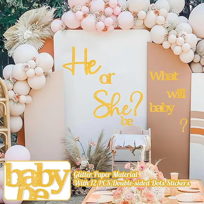 Golden Glitter Paper Gender Reveal Decals for Backdrop Large Oh Baby Shower Party Sign He or She What Will Baby Be Balloon Arch Decor Girl or Boy Letters Cutouts Sticker Pregnancy Party Banner Ideas