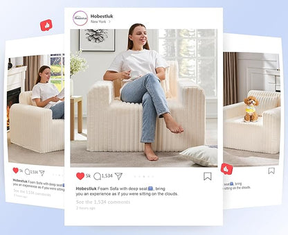 Hobestluk Single Sofa Foam Couch Sofa for Small Spaces Comfy Sofas with Removable Cover Furry Couch with Pillows for Living Room, Bedroom, Apartment, Office (White, Standard)