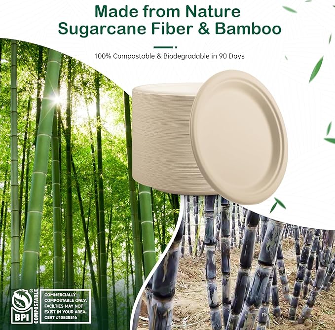 𝟔 𝐈𝐧𝐜𝐡, 𝟏𝟐𝟖-𝐏𝐚𝐜𝐤 Compostable Paper Plates, Heavy-Duty Biodegradable Disposable Dish Made from Bagasse, Perfeck for Snacks, Desserts, Party, Wedding and More (Nature)