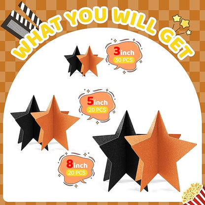 70 Pcs Orange and Black Star Centerpieces Halloween Party Birthday Graduation Decorations 3D 2025 Table Decor 3 Sizes 8" 5" 3" Citrus Thanksgiving Trick or Treat Spooky Ghost Party Bar Decoration