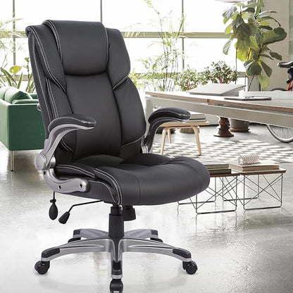COLAMY High Back Executive Office Chair - Padded Leather Ergonomic Computer Desk Chair with Inflatable Lumbar Support & Flip-Up Arms, Adjustable Tilt Lock Swivel Task Chair for Home Office, Black