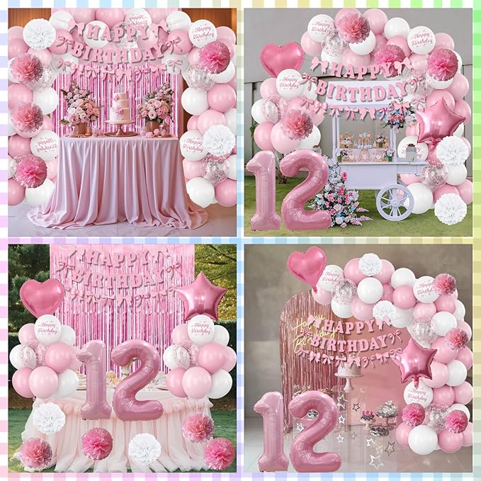 12th Birthday Decorations for Girls Pink Number 12 Balloon Bow Coquette Happy Birthday Banner Fringe Curtain Paper Pom Poms Star Heart Foil Pink White Balloons 21 Year Old Party Decor