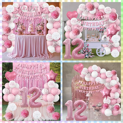 12th Birthday Decorations for Girls Pink Number 12 Balloon Bow Coquette Happy Birthday Banner Fringe Curtain Paper Pom Poms Star Heart Foil Pink White Balloons 21 Year Old Party Decor