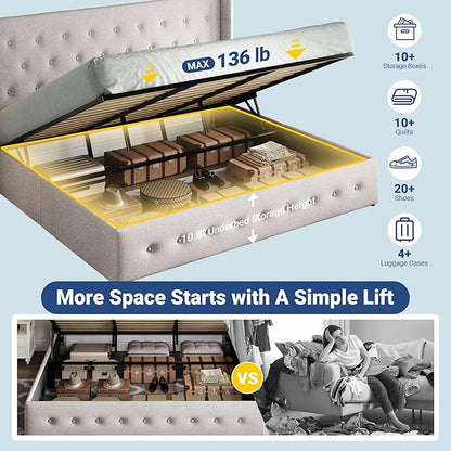 Allewie King Size Lift Up Storage Bed, Button Tufted Headboard with Wingback, Hydraulic Support, No Box Spring Needed, Light Beige