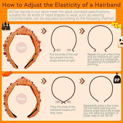 Halloween Pearl Knotted Headband for Women Girls Non Slip Rhinestone Embellished Hair Hoop Halloween Headbands Hair Accessories Gift (Grid Orange)
