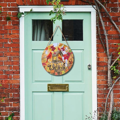 Harooni Fall Cardinal Sign for Front Door Decor, Autumn Maple Leaves Wood Door Hanger for Outdoor Outside Porch, Thanksgiving Farmhouse Wooden Wreath Indoor Wall Hanging Decoration 12"x12"