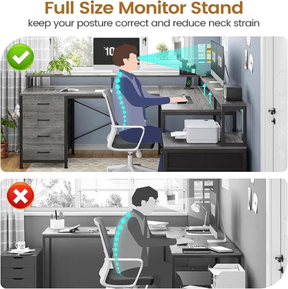 SEDETA L Shaped Desk with 6 Drawer, 108" Home Office Desk with File Drawer & Power Outlet, Corner Computer Desk with Monitor Shelf, Two Person Desk, Gaming Desk with Led Lights, Grey