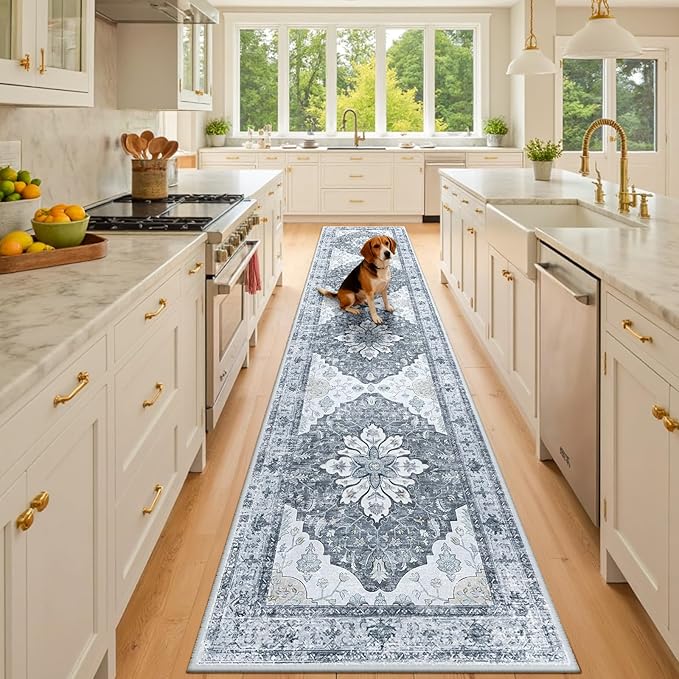 Area Rugs 2'x10' Runner Rug Non Slip Washable for Kitchen Hallway Bedroom Beside Laundry Room Bathroom Rug, Floor Carpet, Light Gray Grey White