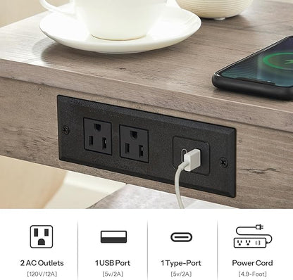 HOOBRO Side Tables Set of 2 with Charging Station and USB Port, Small End Tables for Small Space, 3-Tier Nightstands with Adjustable Shelf, for Living Room, Bedroom, Greige BG112BZP201