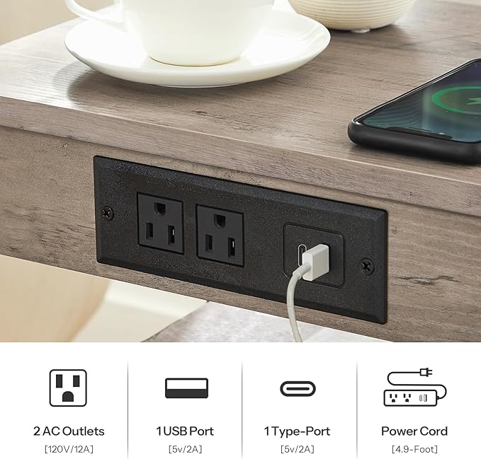 HOOBRO Side Table with Charging Station and USB Port, Small End Table for Small Space, 3-Tier Nightstand with Adjustable Shelf, for Living Room, Bedroom and Balcony, Greige BG112BZ01