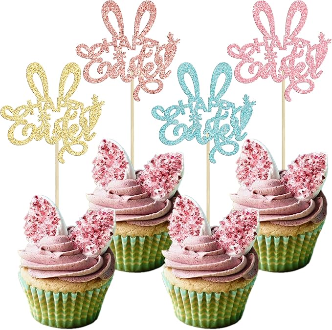 Ephlyn 24Pcs Happy Cupcake Toppers Glitter Rabbit Ear Cupcake Picks Decorations for Easter Day Theme Baby Shower Kids Birthday Party Supplies Multi
