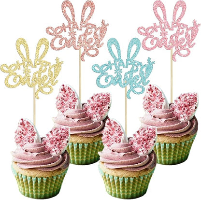 Ephlyn 24Pcs Happy Cupcake Toppers Glitter Rabbit Ear Cupcake Picks Decorations for Easter Day Theme Baby Shower Kids Birthday Party Supplies Multi