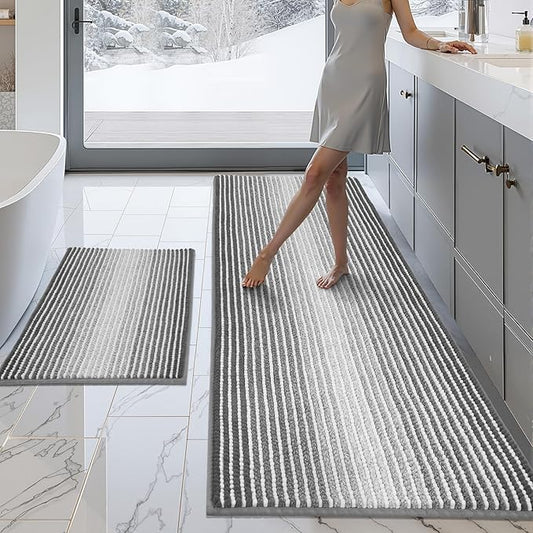 BSICPRO Bathroom Rugs and Mats Sets, 2 Piece Thick Absorbent Chenille Bath Mat Rug Set Non Slip, Soft Shaggy Bath Room Floor Mats for Bathroom, Machine Washable (Gray, 24" x 70" Plus 20" x 32")
