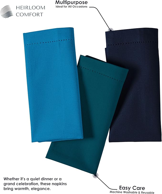 Multi Color Cloth Napkins 18x18 Inch - Set of 12-100% Cotton, Soft - Perfect Hotel Quality Napkin for Table, Dinner, Weddings, Everyday Dining - Turquiose Blue, Teal Green, Navy