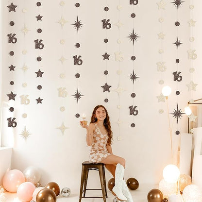 Champagne Gold Brown 16th Birthday Decorations Number 16 Circle Dot Star Garland Streamer Banner Backdrop for Girls Boys Sweet Sixteen Cheers to 16 Years Old Happy 16th Birthday Party Supplies