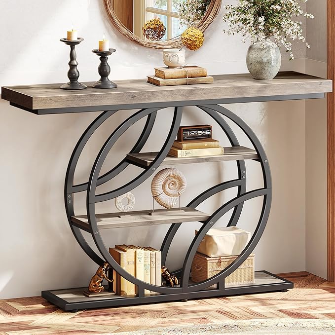 Huuger 47.2 Inch Entryway Table, Industrial Console Sofa Table with Storage, Accent Table with Shelves, for Entry, Hallway, Entrance, Foyer, O-Shaped Metal Frame, Grey