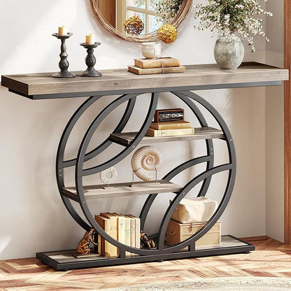 Huuger 47.2 Inch Entryway Table, Industrial Console Sofa Table with Storage, Accent Table with Shelves, for Entry, Hallway, Entrance, Foyer, O-Shaped Metal Frame, Grey