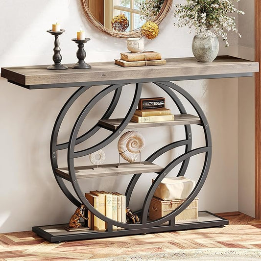 Huuger 47.2 Inch Entryway Table, Industrial Console Sofa Table with Storage, Accent Table with Shelves, for Entry, Hallway, Entrance, Foyer, O-Shaped Metal Frame, Grey